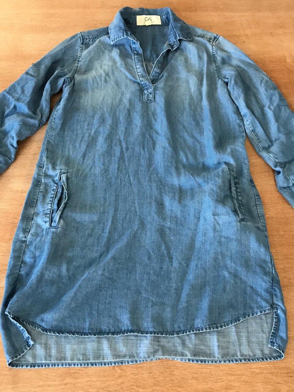Cloth & Stone Anthropologie Tunic Shirt Dress Women XS Blue Roll Tab Pocket